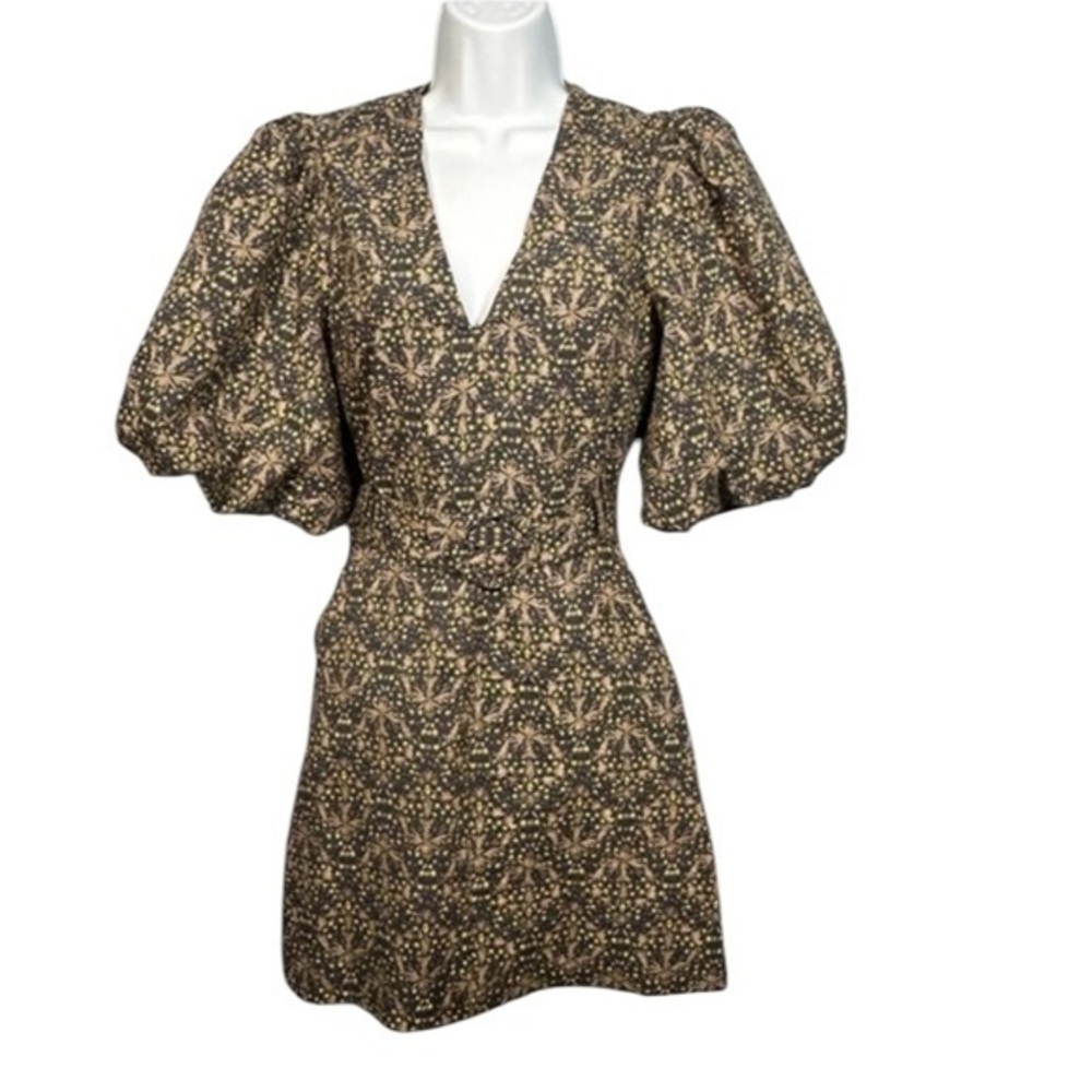 MINKPINK Yasamin Belted Mini Dress Black‎ Gold Puff Sleeves Sz XS Boho Cottage